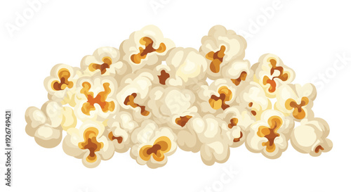 A large cluster of fluffy white popcorn kernels with golden yellow centers is arranged in a dense pile on a white background.