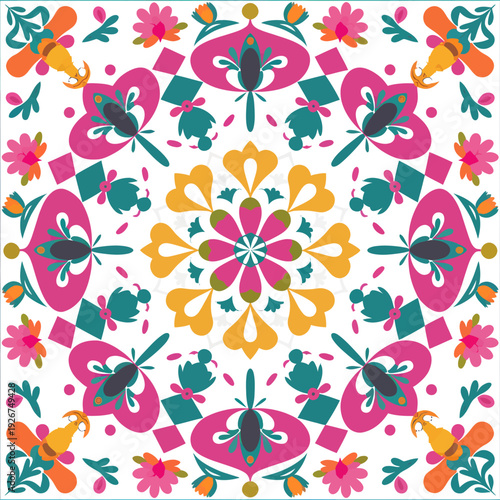 vector seamless repeating rangoli pattern in flat vector style. The design features symmetrical geometric shapes, floral motifs, peacocks, lotus flowers, and traditional oil lamps (divas).