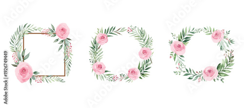 Floral frames and wreaths with pink roses and green leaves
