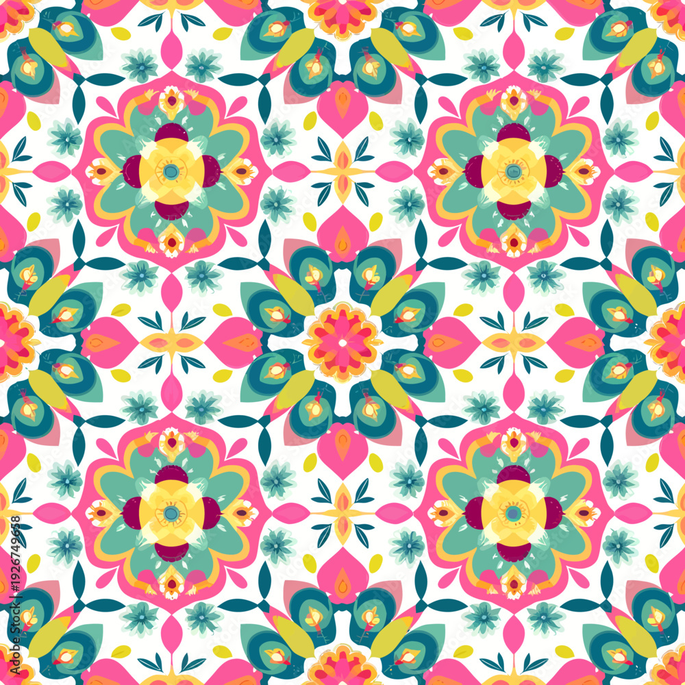 Fototapeta premium vector seamless repeating rangoli pattern in flat vector style. The design features symmetrical geometric shapes, floral motifs, peacocks, lotus flowers, and traditional oil lamps (divas).
