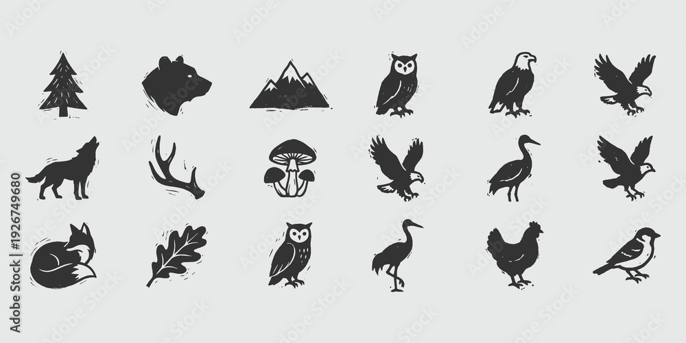 Fototapeta premium Handcrafted Nature Icons Collection - Rustic Linocut Forest & Wildlife Silhouettes