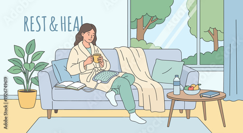 Woman in a cozy bathrobe relaxes on a sofa using an electric heating pad for menstrual cramps and pain relief while holding a warm mug in a bright living room illustration