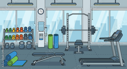 Modern gym interior illustration with various equipment like a treadmill, squat rack, and dumbbells in a clean, flat vector style with large windows showing a city view
