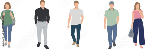 Casual people illustration featuring diverse fashion styles, outfits, and accessories including backpack, handbag, cap, and modern clothing vector design.