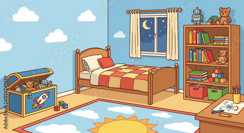 Colorful cartoon child's bedroom interior illustration with a bed, toy chest, bookshelf, and desk, showing a cozy and playful room at night