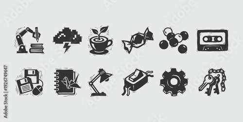 Distressed Linocut Icon Collection on Light Grey Background
