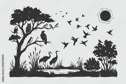 Diverse Wild Birds Nature Silhouette Illustration with Textured Details