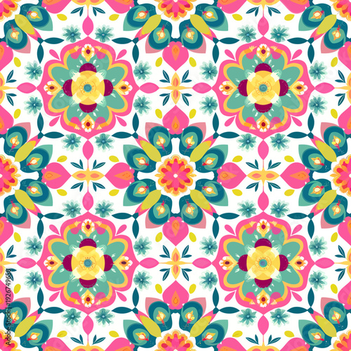 vector seamless repeating rangoli pattern in flat vector style. The design features symmetrical geometric shapes, floral motifs, peacocks, lotus flowers, and traditional oil lamps (divas).