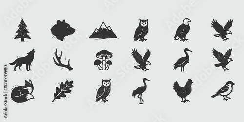 Handcrafted Nature Icons Collection - Rustic Linocut Forest & Wildlife Silhouettes