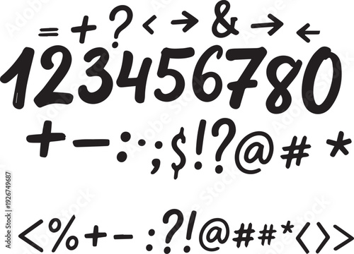 Hand Drawn Marker Numbers Punctuation Symbols Typography Set with vector illustration