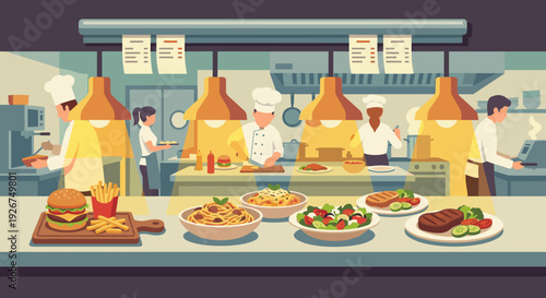 Busy restaurant kitchen scene illustration with chefs cooking and various prepared dishes on the service counter, including pasta, salad, steak, and a burger with fries