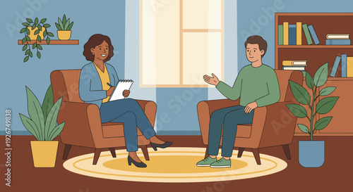 Two diverse adults engaged in a therapy session, with a smiling female therapist taking notes and a male client gesturing in a calm, supportive office setting