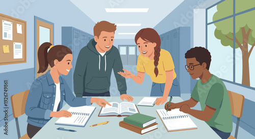 Diverse group of teenage students studying together at a table, happily collaborating on a school project with open books and notebooks in a bright corridor illustration