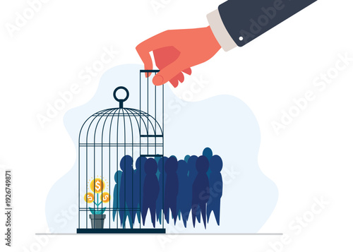 Business control concept with caged workers and profit stock illustration.