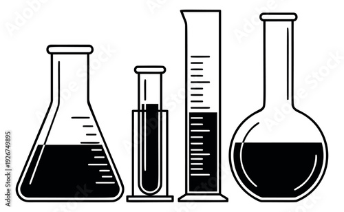 Line art laboratory glassware set featuring various flasks, a test tube, and a graduated cylinder filled with liquid for scientific experiments and education