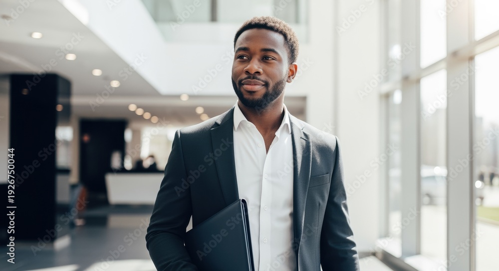 Fototapeta premium confident young businessman in modern office with natural lighting and large windows