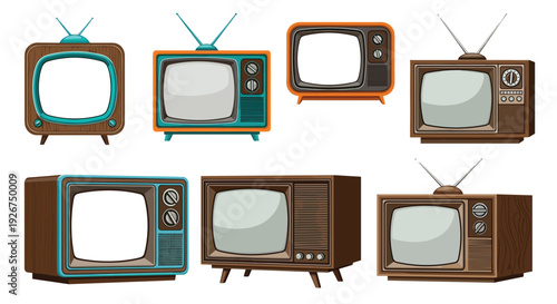 Seven different vintage television sets in teal orange and brown colors are arranged in two rows against a plain white background.