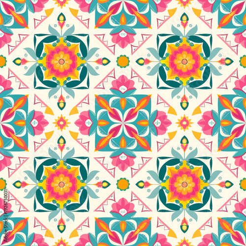 vector seamless repeating rangoli pattern in flat vector style. The design features symmetrical geometric shapes, floral motifs, peacocks, lotus flowers, and traditional oil lamps (divas).