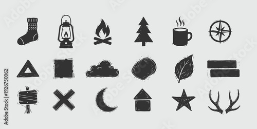 Vintage Engraved Outdoor Adventure Icon Set with Rustic Texture