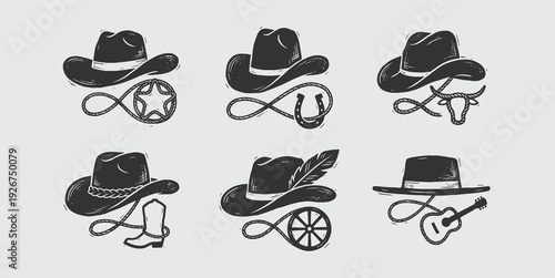 Vintage Woodcut Cowboy Hat Icons Set - Wild West Emblems Collection