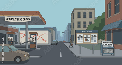 Closed gas station with no fuel signs illustrates a global trade crisis on a quiet city street with public notices about shortages and rationing