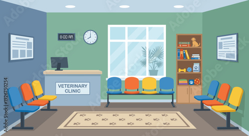 Colorful flat design veterinary clinic waiting room features a reception desk, vibrant seating, and pet-themed decor, creating a welcoming and calm environment for animal care