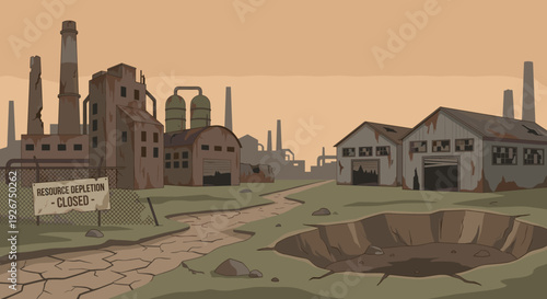 Abandoned industrial factory complex with rusty buildings and broken smokestacks in a desolate post-apocalyptic landscape with a large crater and a closed sign