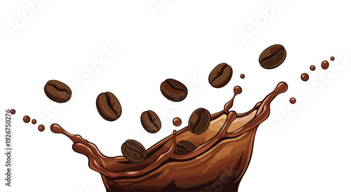 A wide splash of dark brown coffee liquid erupts from the bottom with ten roasted coffee beans flying through the air against white.