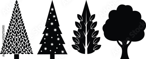 Tree silhouette collection vector illustration featuring decorative pine, fir and leafy trees isolated nature design elements set