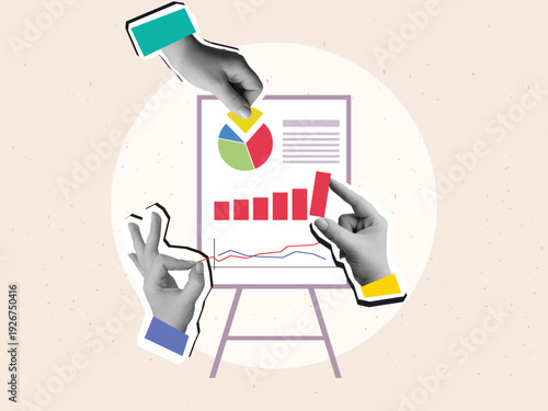 Black and white hands place parts of different charts on a dashboard. Concept of teamwork, analytics, and marketing. Modern photo collage style. Vector illustration