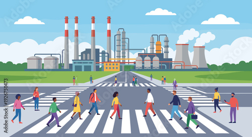 Diverse group of people walking across a street on a crosswalk with a large factory and power plant in the background in a flat vector illustration style