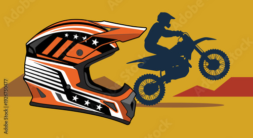 Detailed orange, black, and white motocross helmet with star and stripe graphics in a vector style with a rider silhouette jumping on a dirt bike in the background
