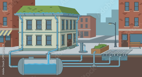 Rainwater harvesting system diagram showing water collection from a green roof into an underground cistern and permeable pavement for sustainable urban water management and reuse
