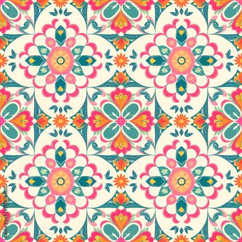 vector seamless repeating rangoli pattern in flat vector style. The design features symmetrical geometric shapes, floral motifs, peacocks, lotus flowers, and traditional oil lamps (divas).