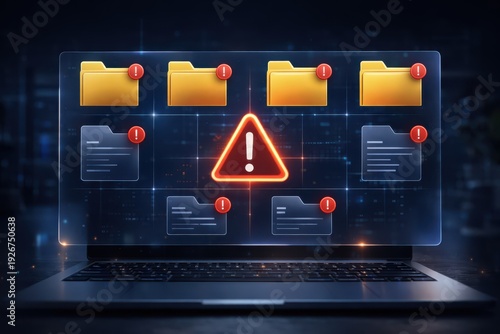 Warning signs on computer files indicating potential cyber threats or data breaches