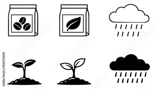 Outline and filled agriculture and weather icon set featuring coffee and leaf bags, rain clouds, and young plant sprouts for nature and farming designs