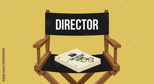 Classic wooden director's chair with black canvas and white text has a movie script and eyeglasses resting on the seat, illustrated on a solid yellow background with copy space