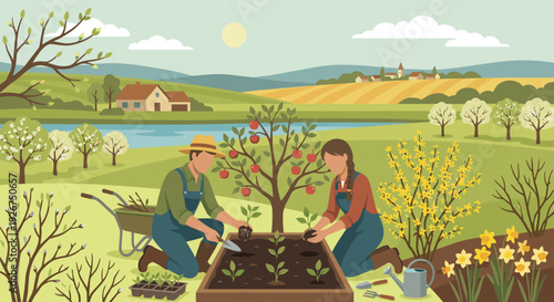 Man and woman gardening together, planting seedlings into a raised bed in a beautiful rural landscape with a farm, lake, and blooming spring trees under a sunny sky
