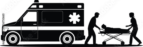 Paramedics transporting patient on stretcher to ambulance