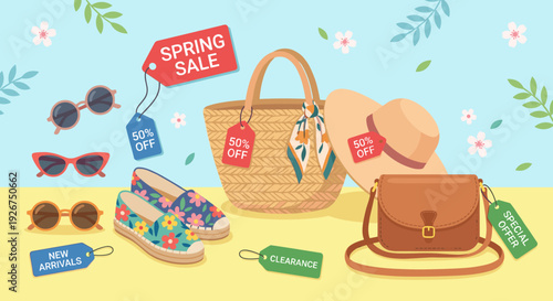 Women's spring fashion accessories and apparel with sale, discount, and special offer tags for a seasonal clearance promotion, a flat vector illustration concept