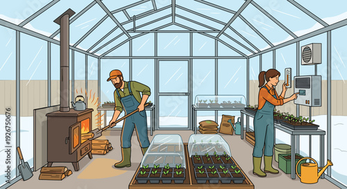 Cartoon illustration of two farmers working inside a heated greenhouse during winter, with a man stoking a wood stove and a woman checking the temperature for young seedlings