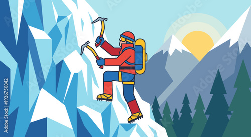 Mountain climber in bright red gear uses ice axes to ascend a steep icy glacier in a colorful flat vector illustration of a mountain range with a rising sun