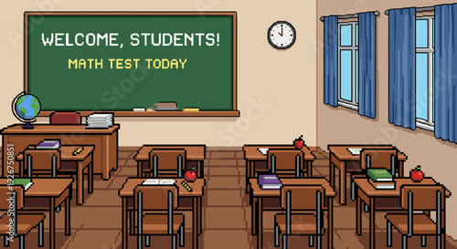 Empty pixel art classroom with wooden desks and a green chalkboard announcing a math test for students in a retro 8-bit video game style illustration