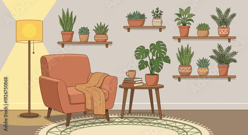 Cozy living room interior illustration with an armchair, houseplants on shelves, a floor lamp, and a side table creating a warm and comfortable hygge atmosphere for relaxation
