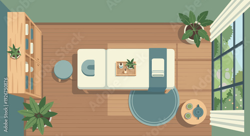 Tranquil spa and massage room interior illustration from a top-down perspective, featuring a treatment table, wooden floors, potted plants, and a window creating a serene atmosphere