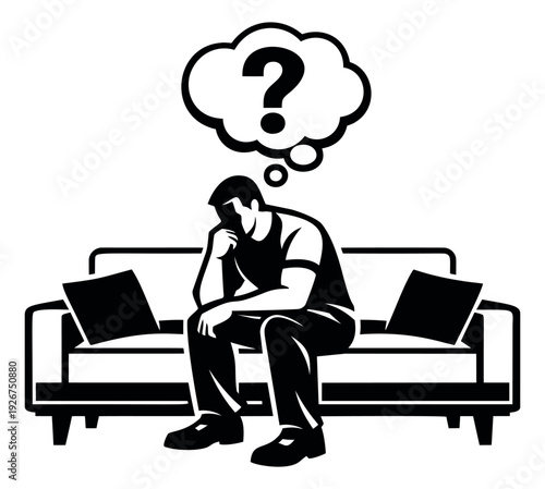 Line art illustration of a man depicting confusion and questioning for problem solving