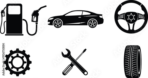 Automotive Service Icon Set Featuring Gas Station Pump Sedan Car Steering Wheel Gear Tools and Tire for Vehicle Maintenance Concepts