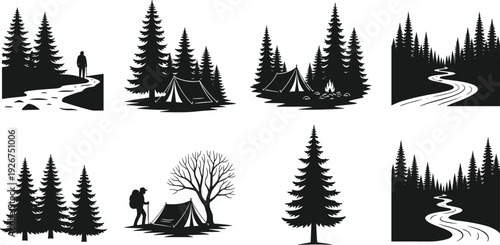 Black vector silhouette set of outdoor camping scenes featuring tents campfires hikers pine forests and winding rivers for nature travel and wilderness adventure branding (24 words)