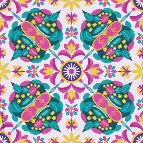 vector seamless repeating rangoli pattern in flat vector style. The design features symmetrical geometric shapes, floral motifs, peacocks, lotus flowers, and traditional oil lamps (divas).
