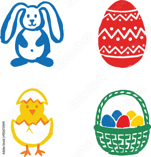 Vibrant Neo-Minimalist Easter Icons - Textured Bunny, Egg, Chick & Basket Set